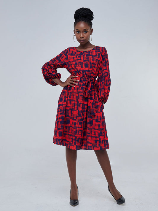 Vivo Zena Bishop Panel Long Sleeve Round Neck Dress - Navy Blue Print
