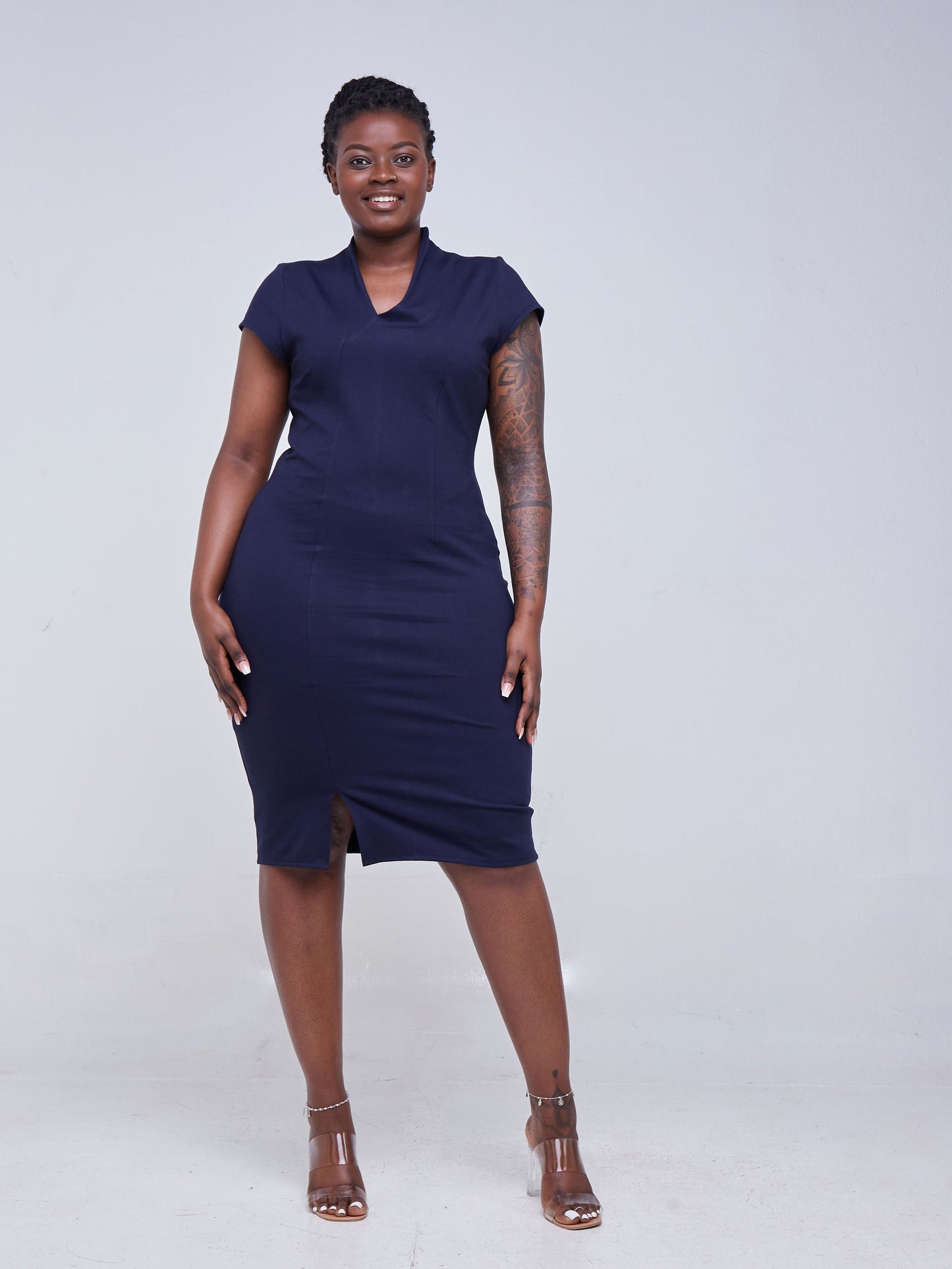 Vivo Zena Cap sleeve Tulip V Neck Sheath Dress - Navy Blue