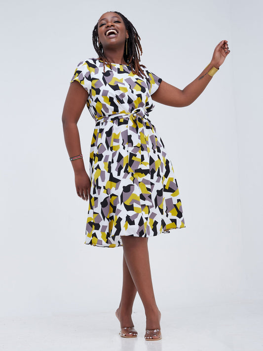 Vivo Basic Cap Sleeve Knee Length Tent Dress - Mustard / Grey Abstract Print