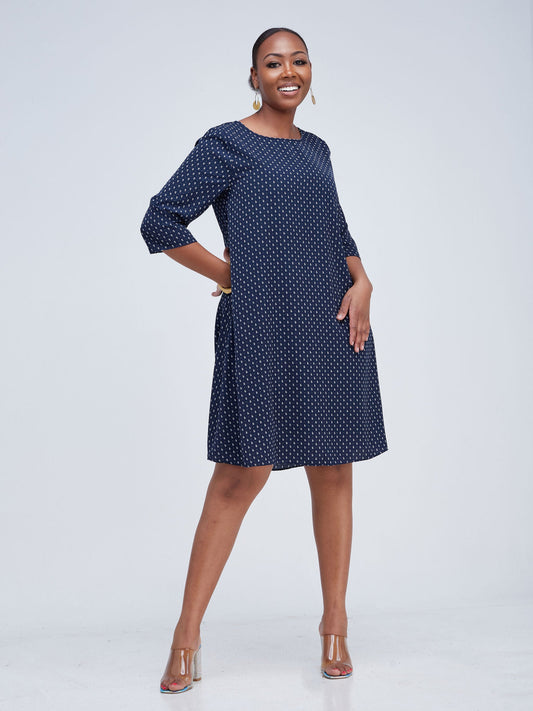 Vivo Basic Ayo Bishop Sleeve Dress - Navy Blue / White Print