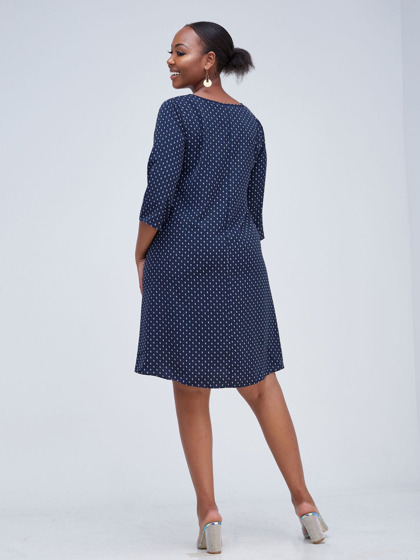 Vivo Basic Ayo Bishop Sleeve Dress - Navy Blue / White Print