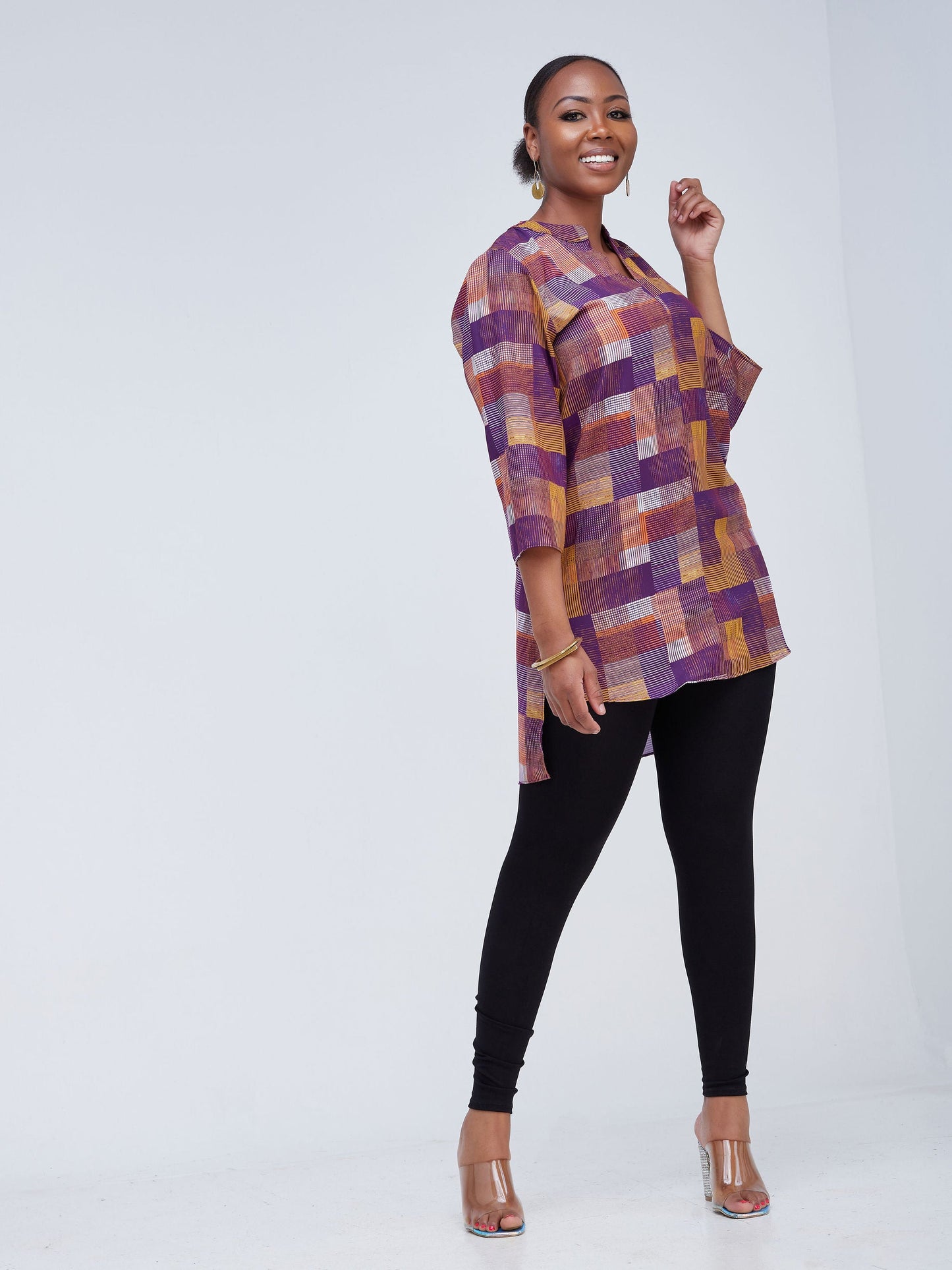 Vivo Zena Long Sleeve Mandarin Collar V neck High low Tunic - Purple Print