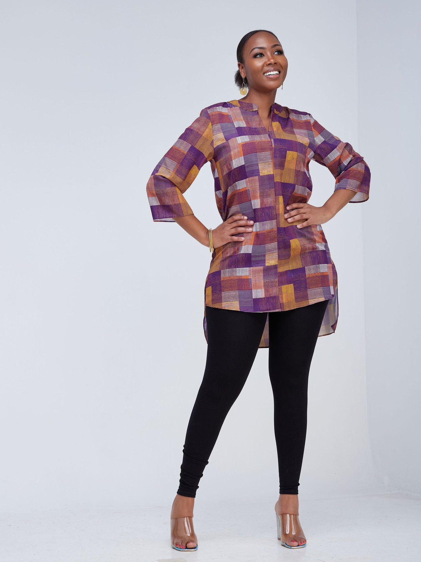 Vivo Zena Long Sleeve Mandarin Collar V neck High low Tunic - Purple Print