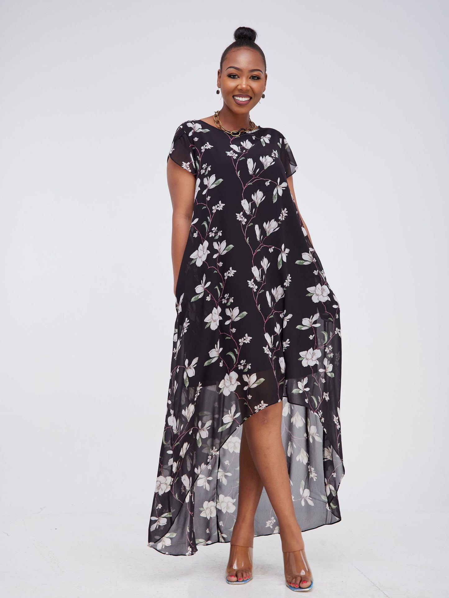 Vivo Lalea Tulip Cap Sleeve High Low Maxi Dress - Black Floral