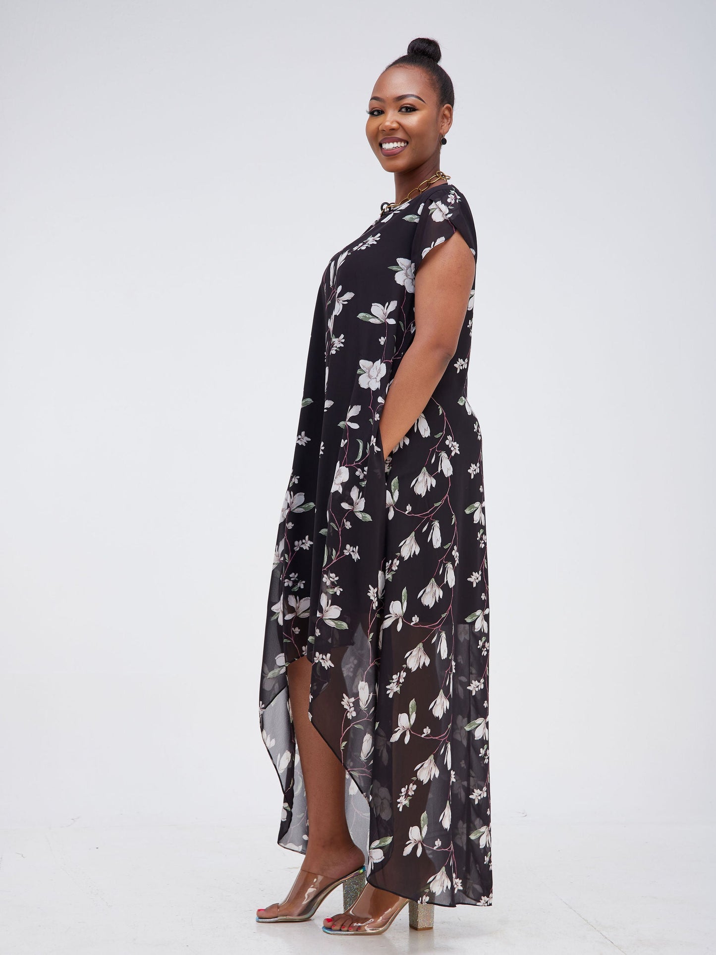 Vivo Lalea Tulip Cap Sleeve High Low Maxi Dress - Black Floral