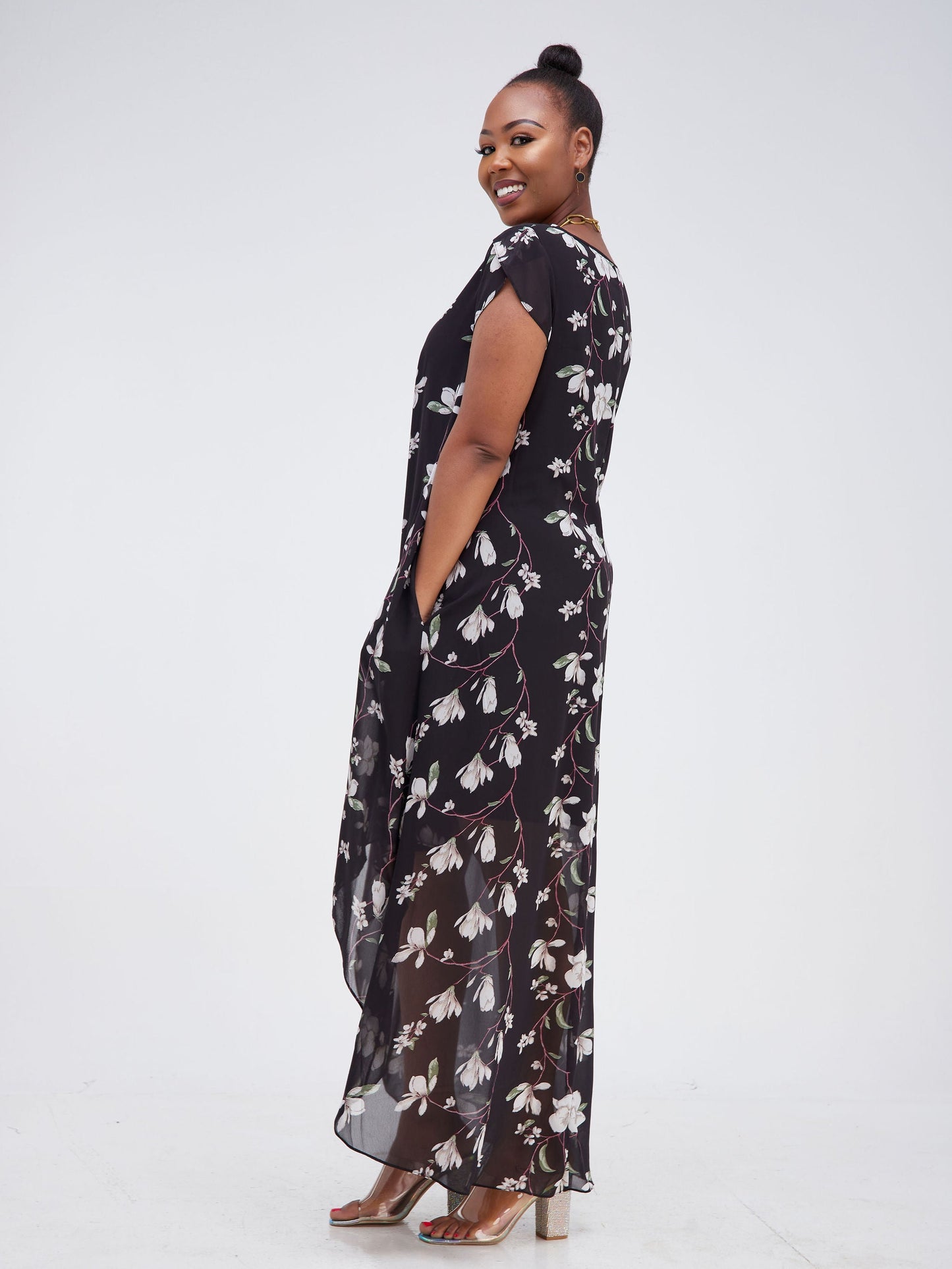 Vivo Lalea Tulip Cap Sleeve High Low Maxi Dress - Black Floral