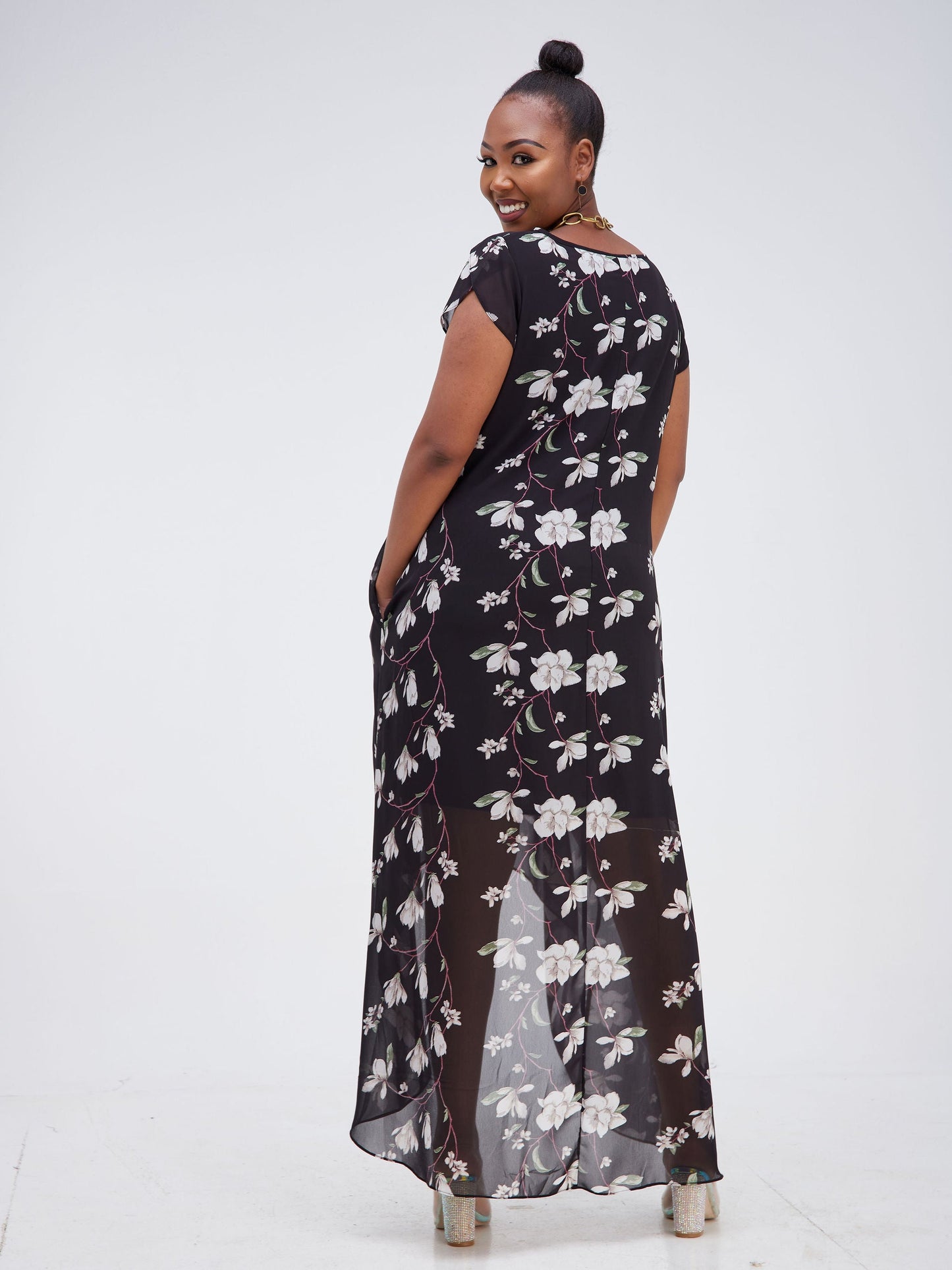 Vivo Lalea Tulip Cap Sleeve High Low Maxi Dress - Black Floral