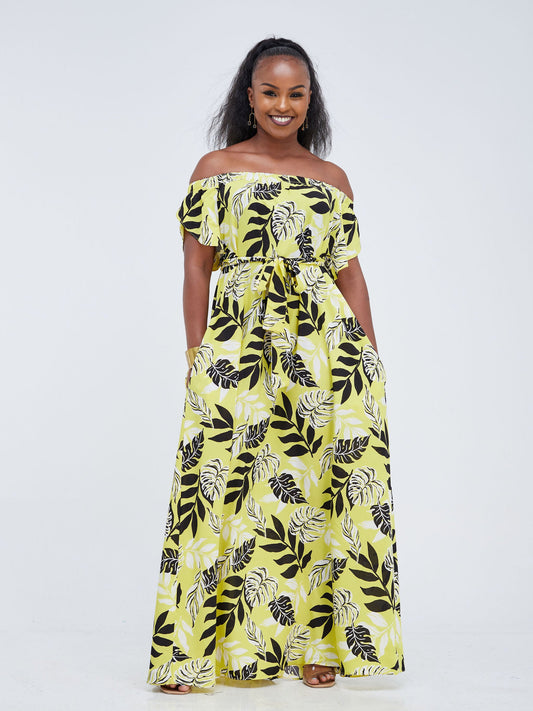 Vivo Lalea Off Shoulder Maxi Dress - Yellow Floral Print