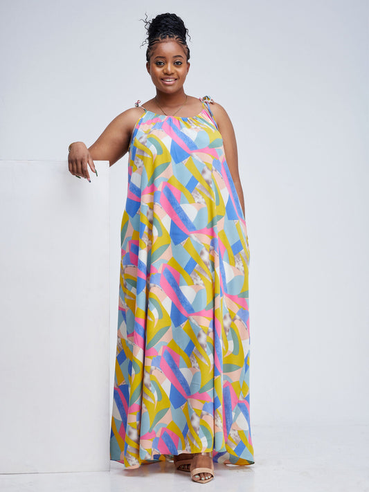 Vivo Diani Strappy Maxi Dress - Yellow / Mint Abstract Print