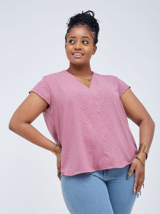 Safari Kaya Cap Sleeve V-Neck Top - Dusty Pink Print