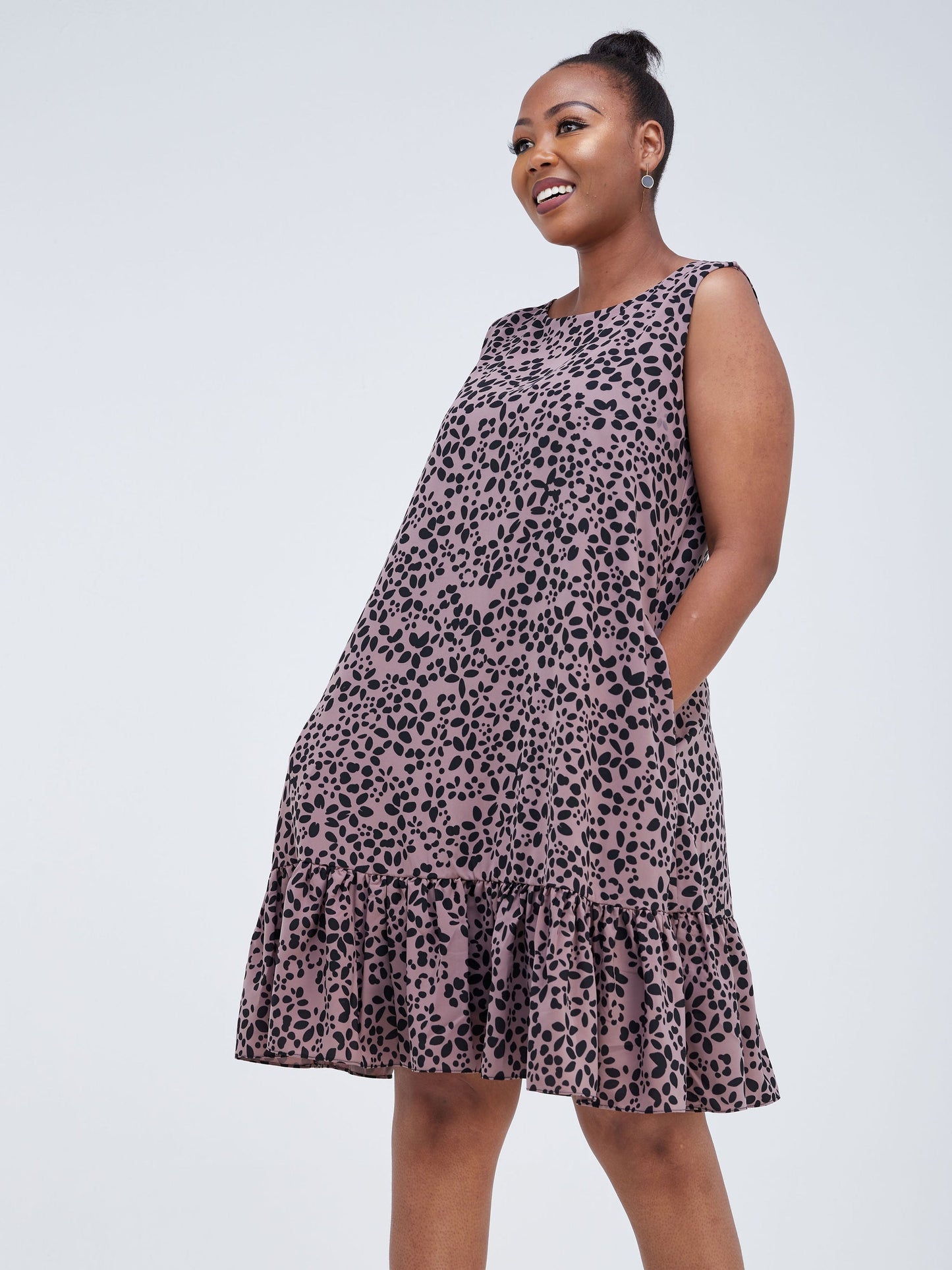 Vivo Dalia Sleeveless Gathered Tent Dress - Light Brown Floral print