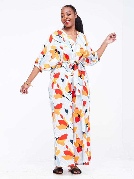 Vivo Wingu V-Neck Puff Sleeve Maxi Dress - Orange / Grey Abstract Print