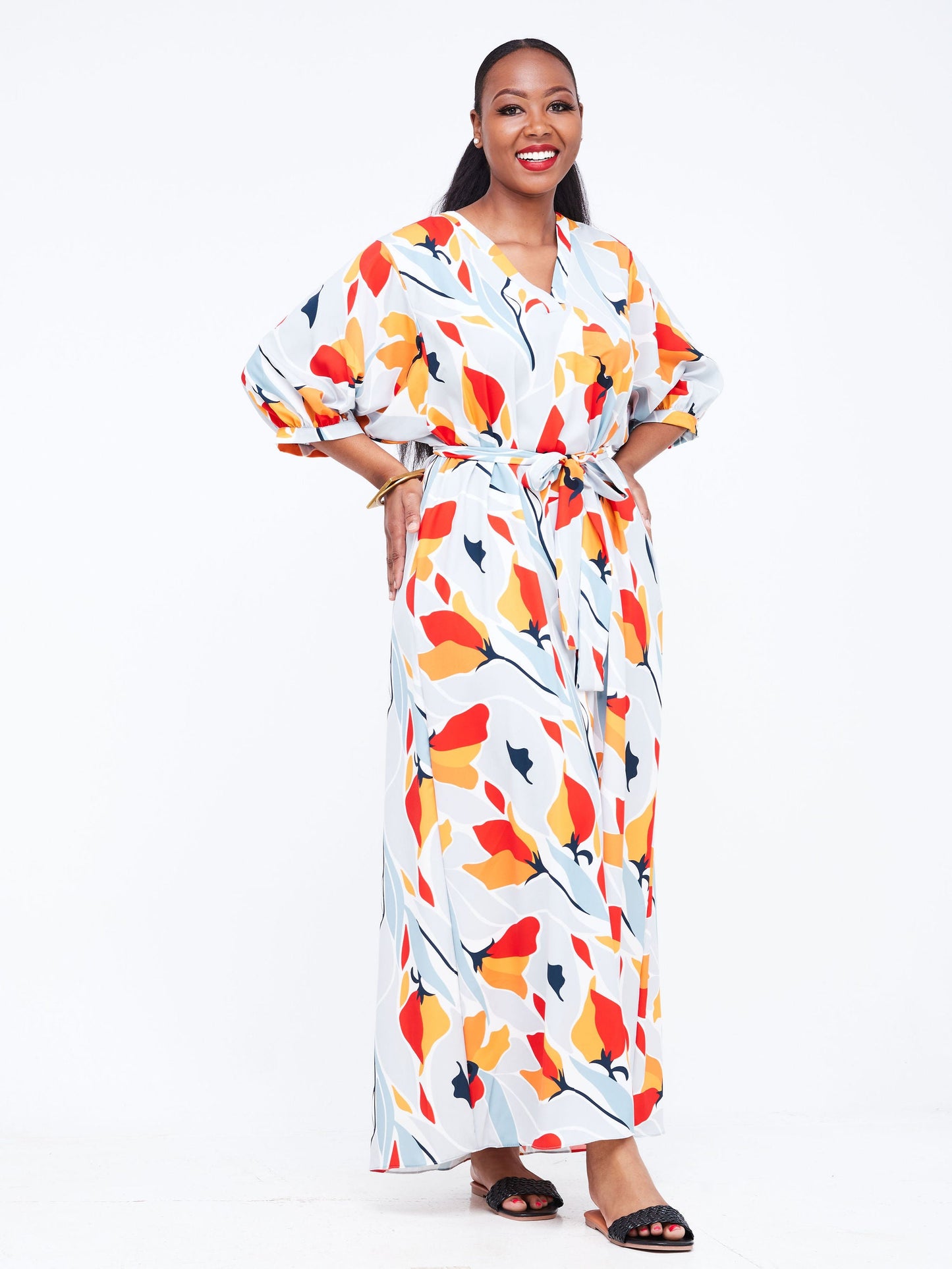 Vivo Wingu V-Neck Puff Sleeve Maxi Dress - Orange / Grey Abstract Print