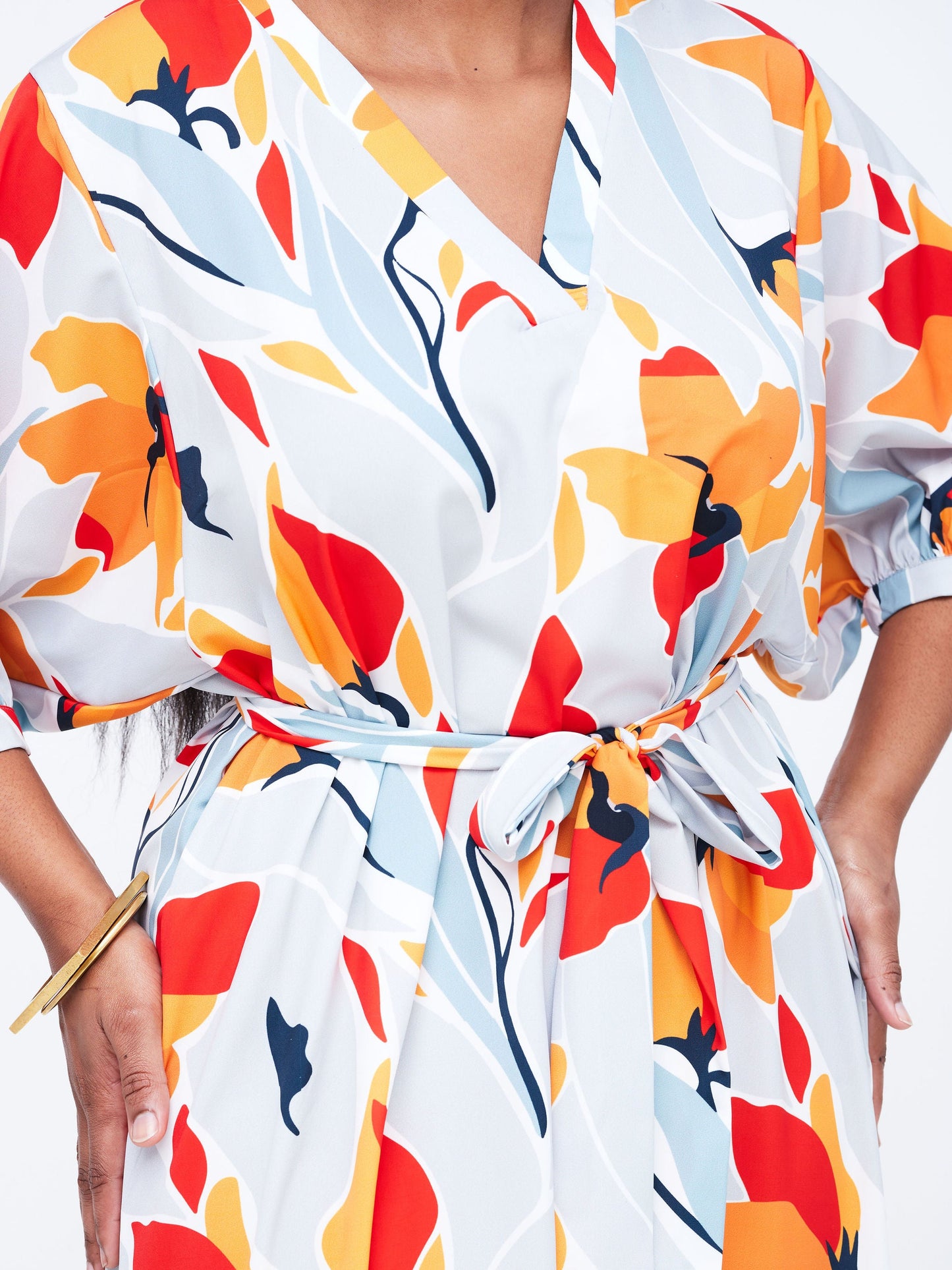 Vivo Wingu V-Neck Puff Sleeve Maxi Dress - Orange / Grey Abstract Print