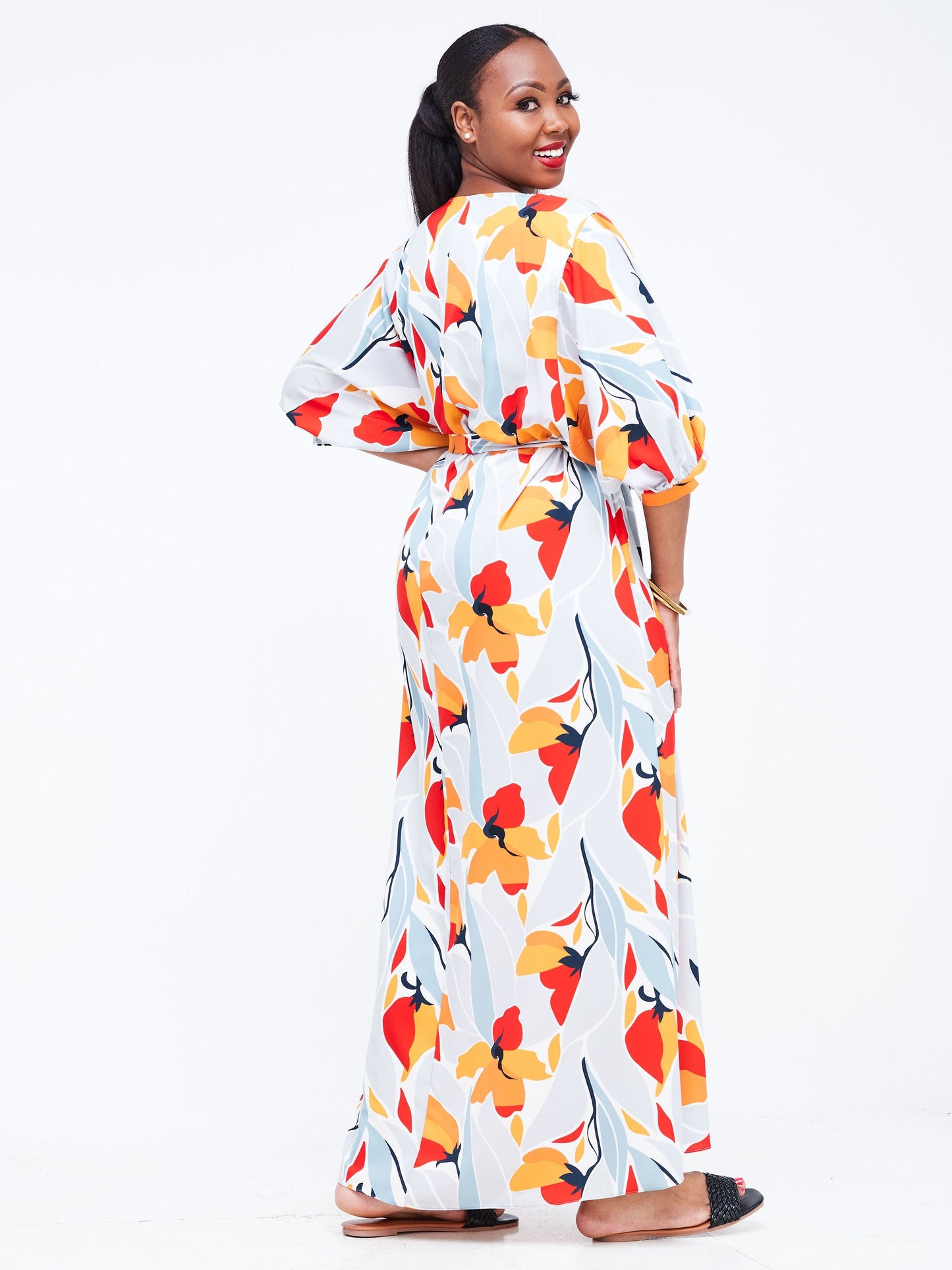 Vivo Wingu V-Neck Puff Sleeve Maxi Dress - Orange / Grey Abstract Print