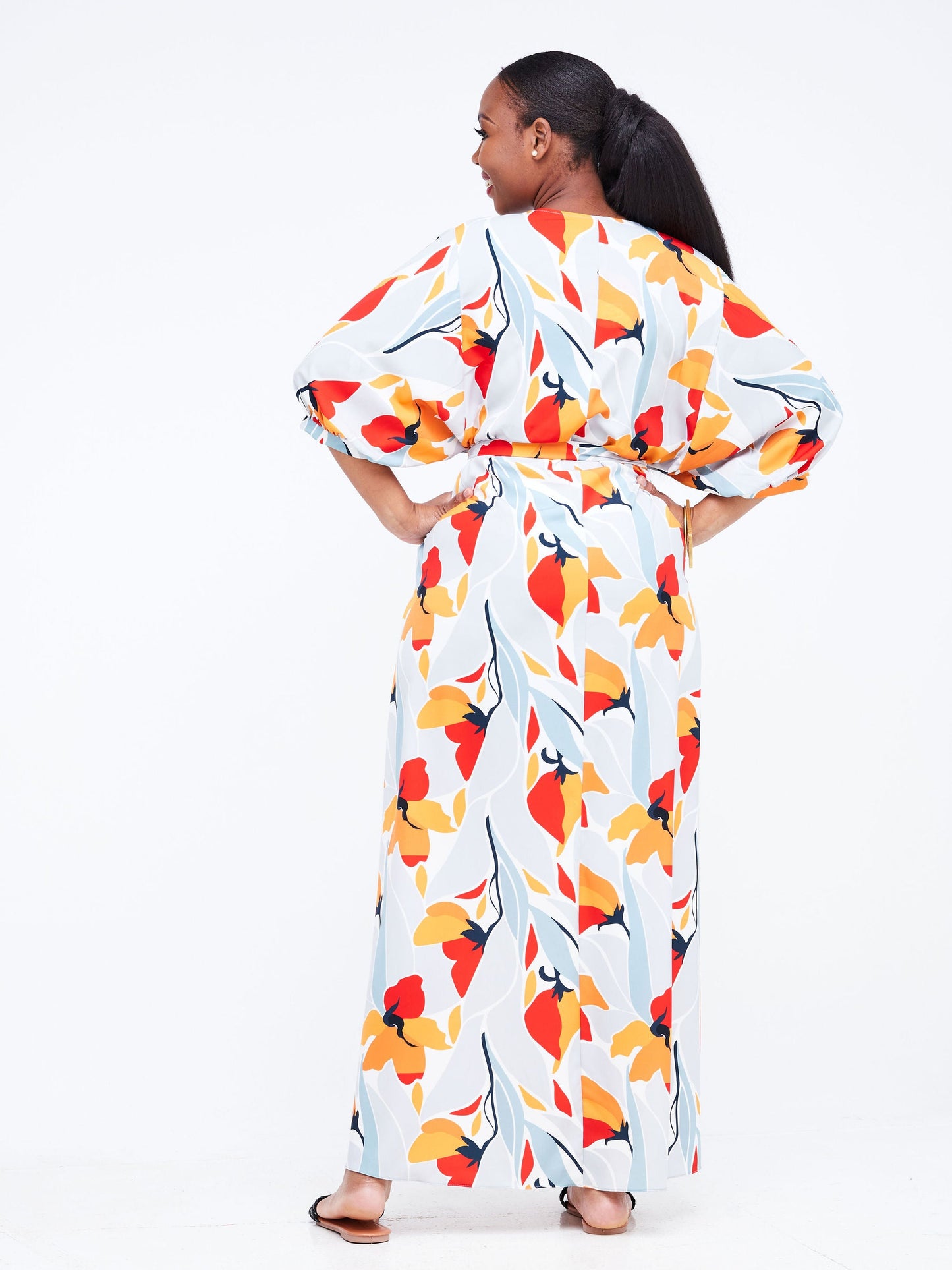 Vivo Wingu V-Neck Puff Sleeve Maxi Dress - Orange / Grey Abstract Print