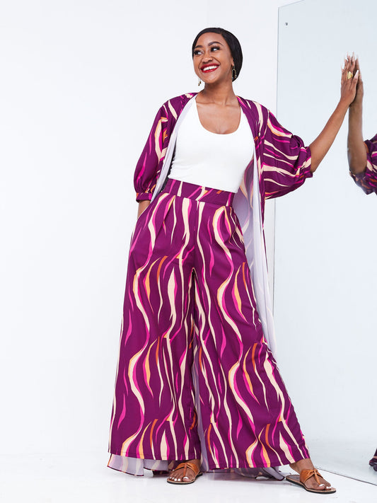 Vivo Wingu Puff Sleeve Kimono - Purple Abstract Print