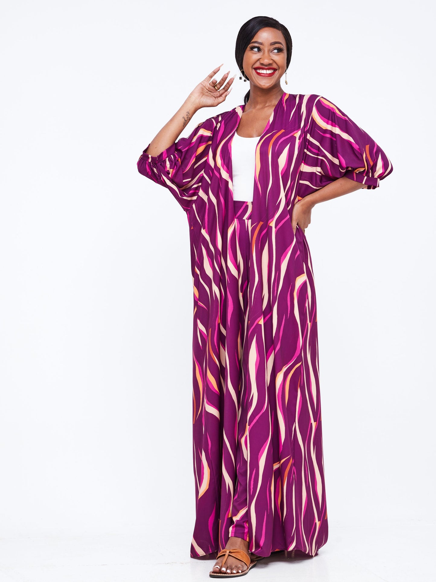 Vivo Wingu Puff Sleeve Kimono - Purple Abstract Print