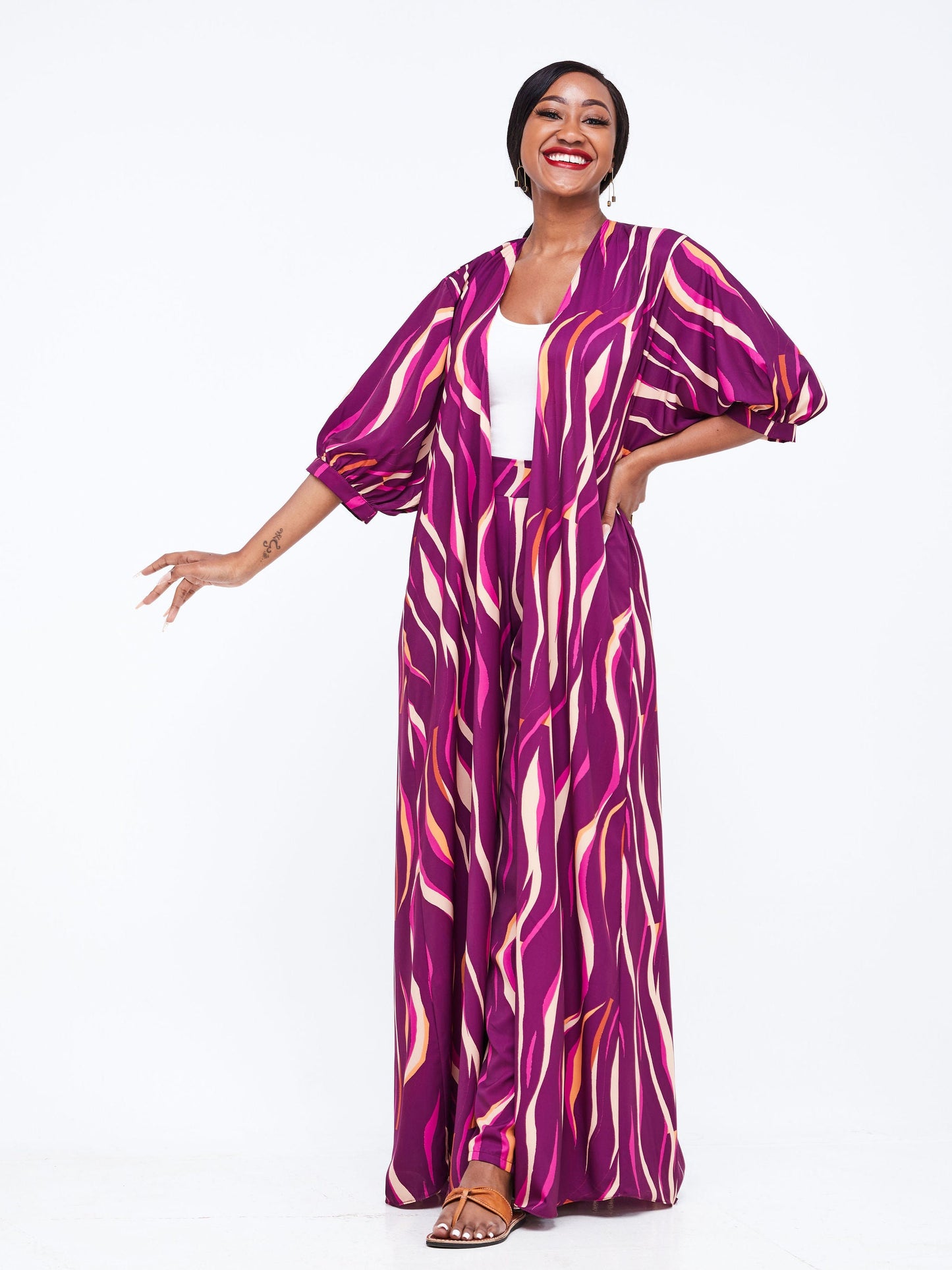 Vivo Wingu Puff Sleeve Kimono - Purple Abstract Print