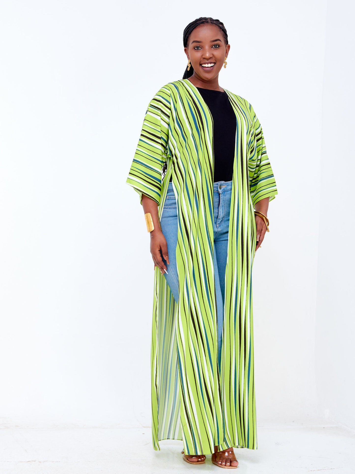 Vivo Basic Nandi High Slit Kimono - Lime Green / Black Stripes Print