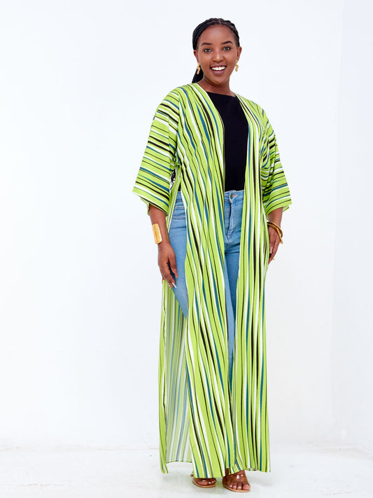 Vivo Basic Nandi High Slit Kimono - Lime Green / Black Stripes Print