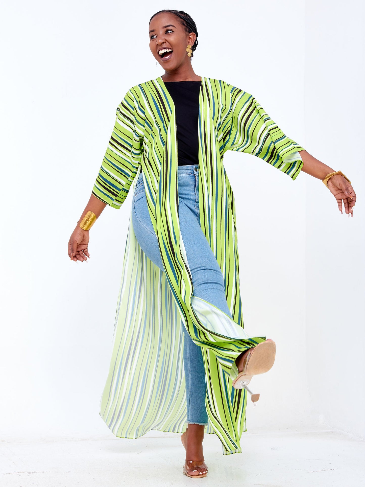 Vivo Basic Nandi High Slit Kimono - Lime Green / Black Stripes Print