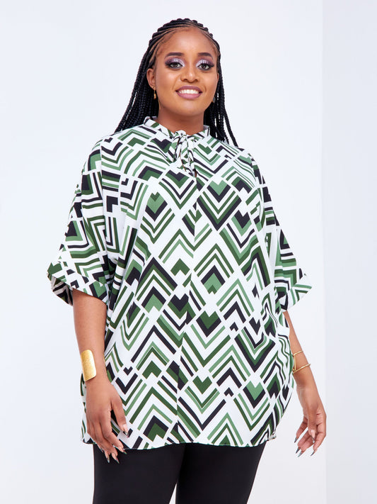 Vivo Imali Dolman Neck Tie Top - White / Green Geometric Print