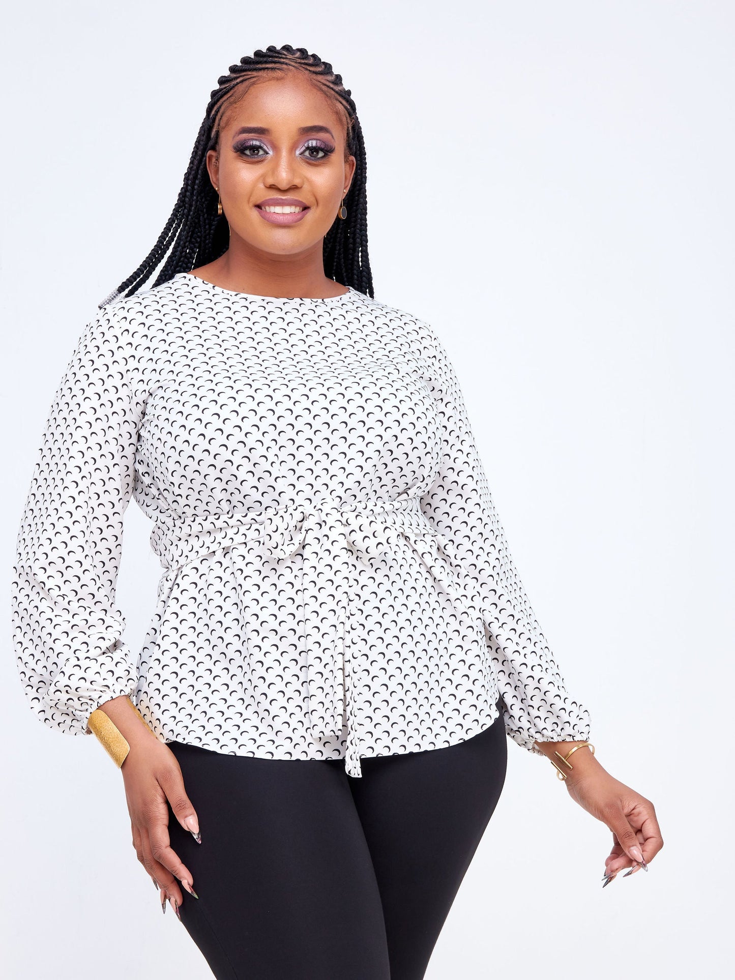 Vivo Imali Bishop Sleeve Waist Tie Top - White / Black Geometric Print