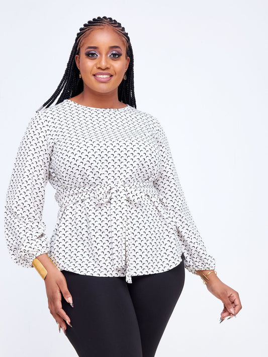 Vivo Imali Bishop Sleeve Waist Tie Top - White / Black Geometric Print