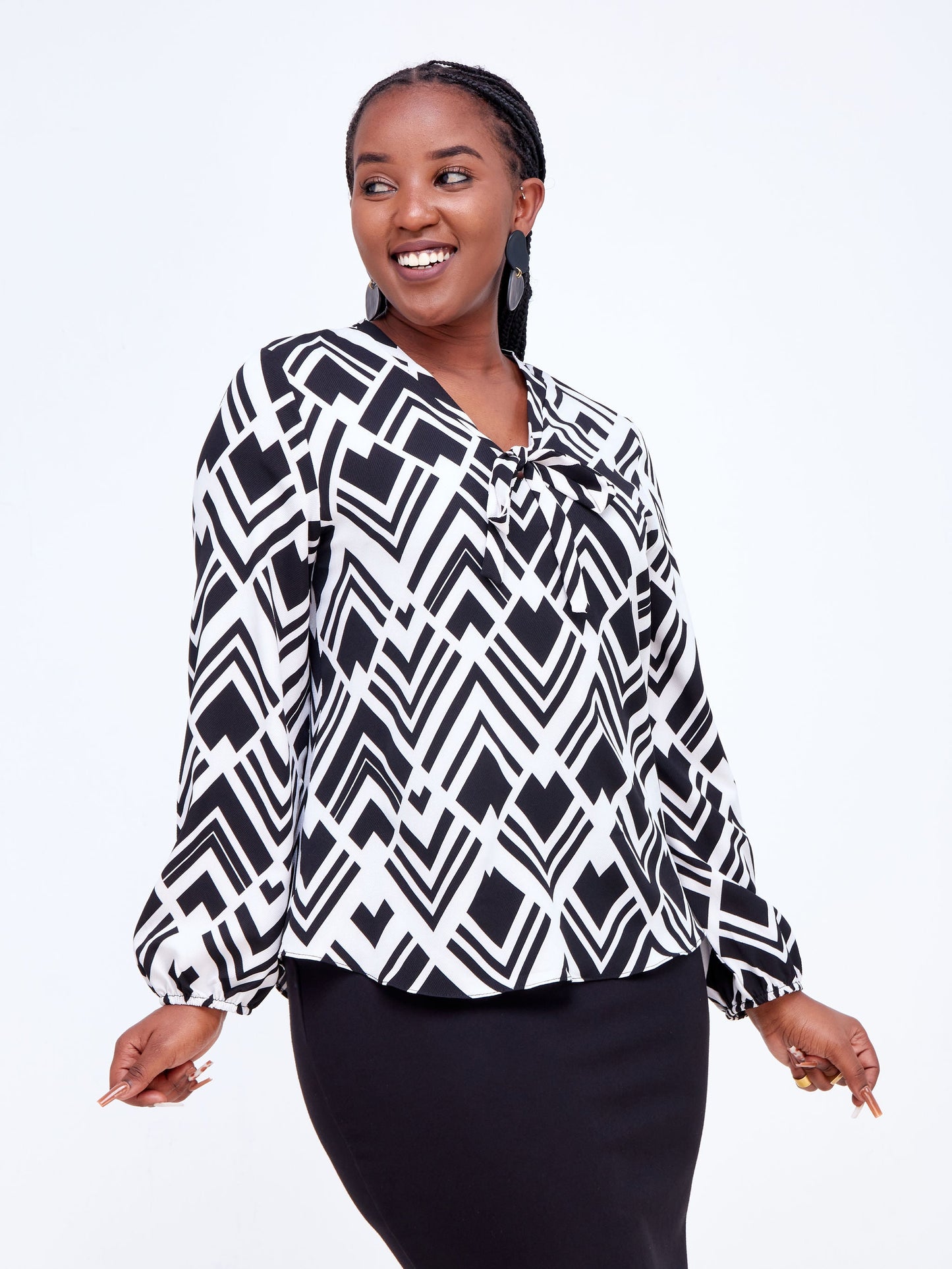 Vivo Imali V-Neck Tie Bishop Sleeve Top - White / Black Geometric Print