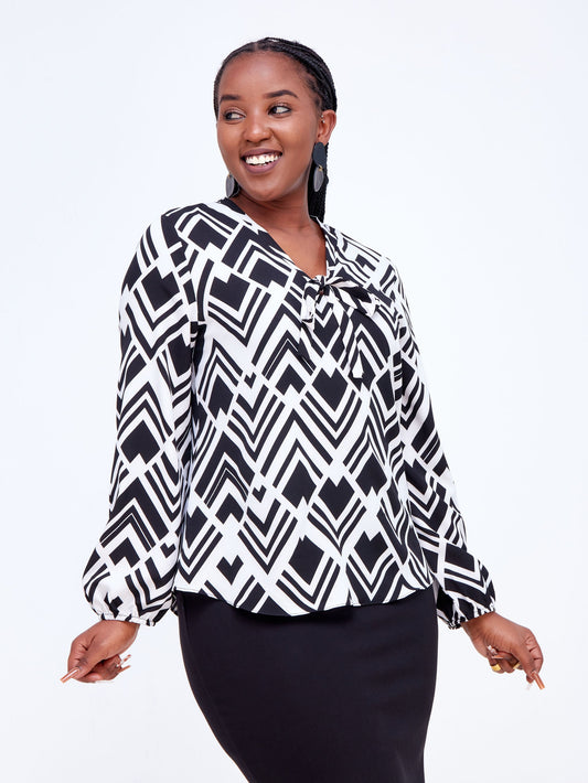 Vivo Imali V-Neck Tie Bishop Sleeve Top - White / Black Geometric Print