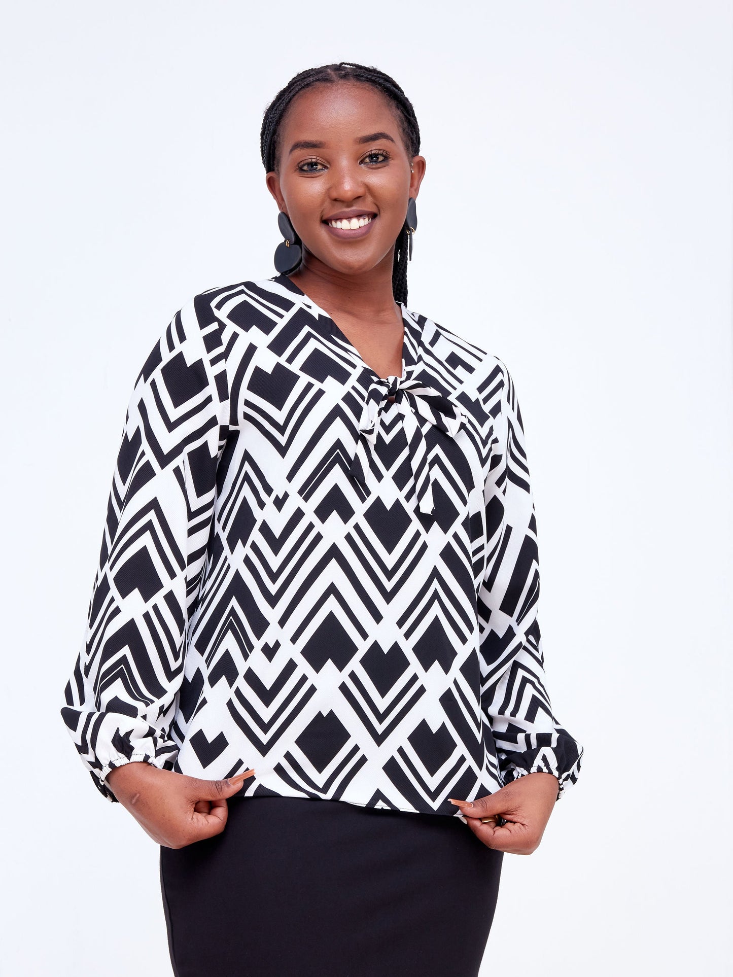 Vivo Imali V-Neck Tie Bishop Sleeve Top - White / Black Geometric Print