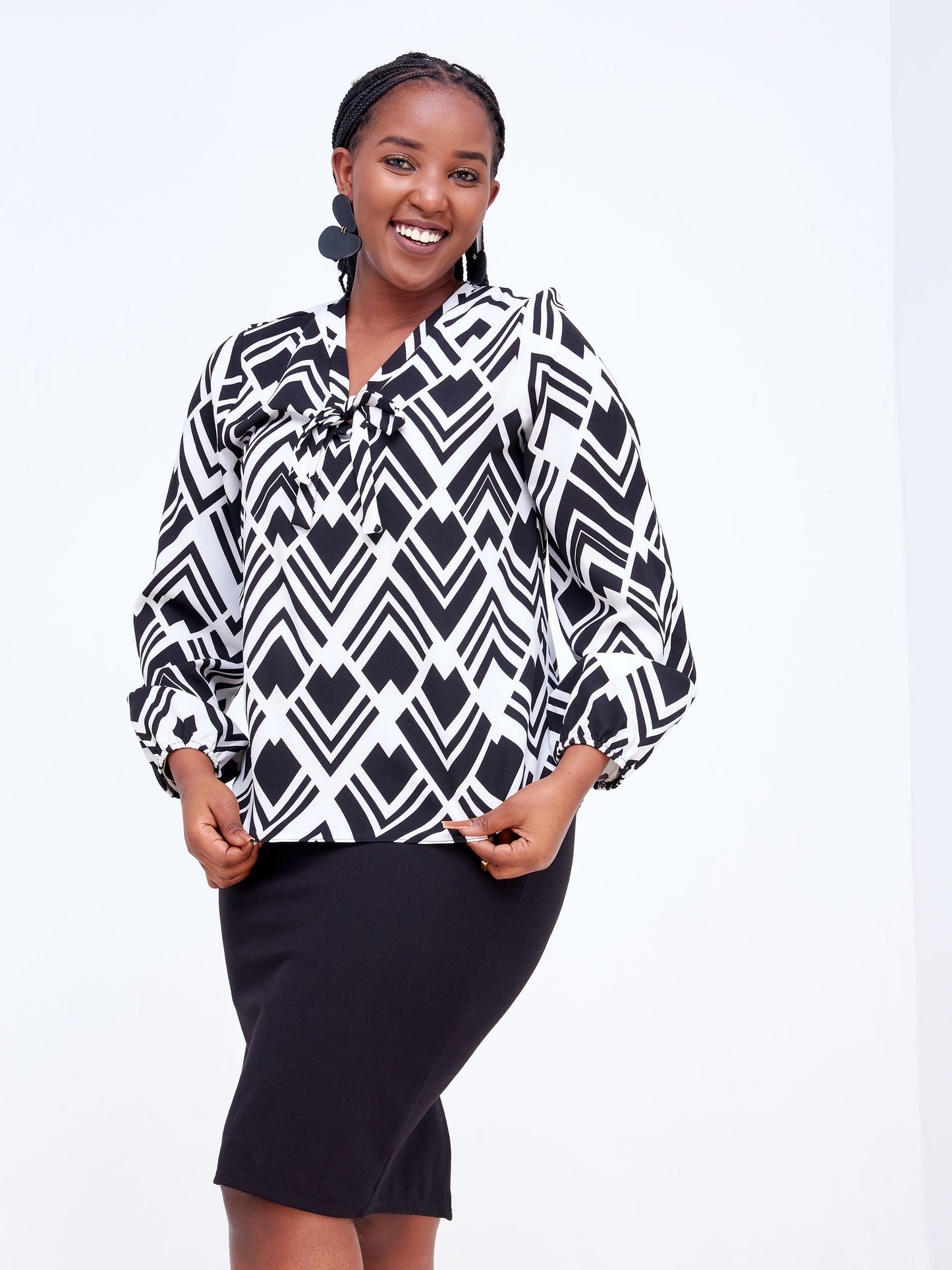 Vivo Imali V-Neck Tie Bishop Sleeve Top - White / Black Geometric Print