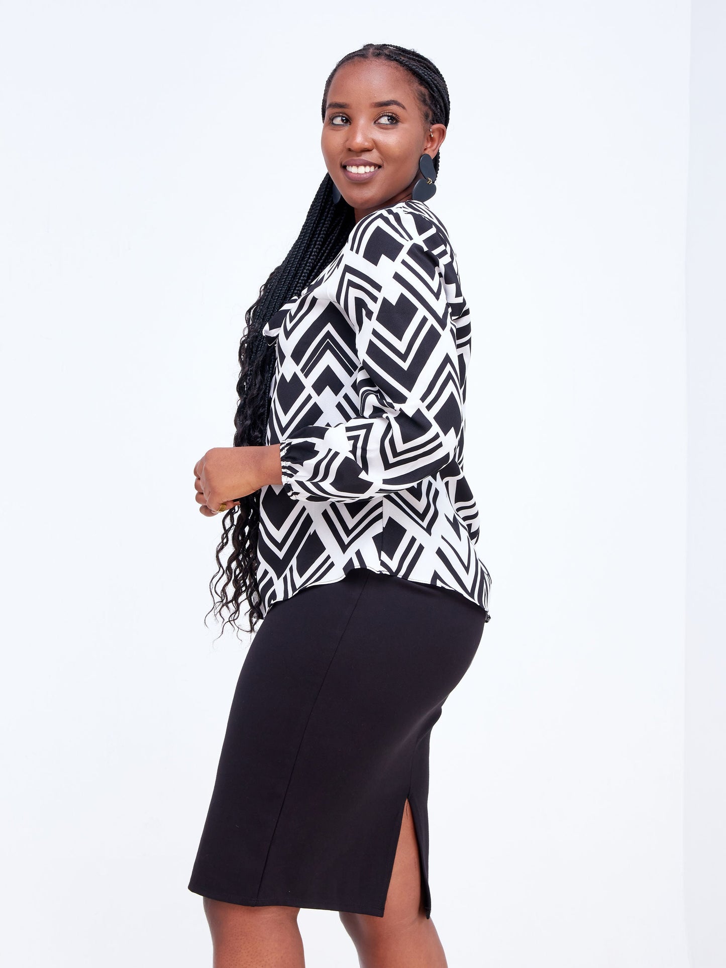 Vivo Imali V-Neck Tie Bishop Sleeve Top - White / Black Geometric Print
