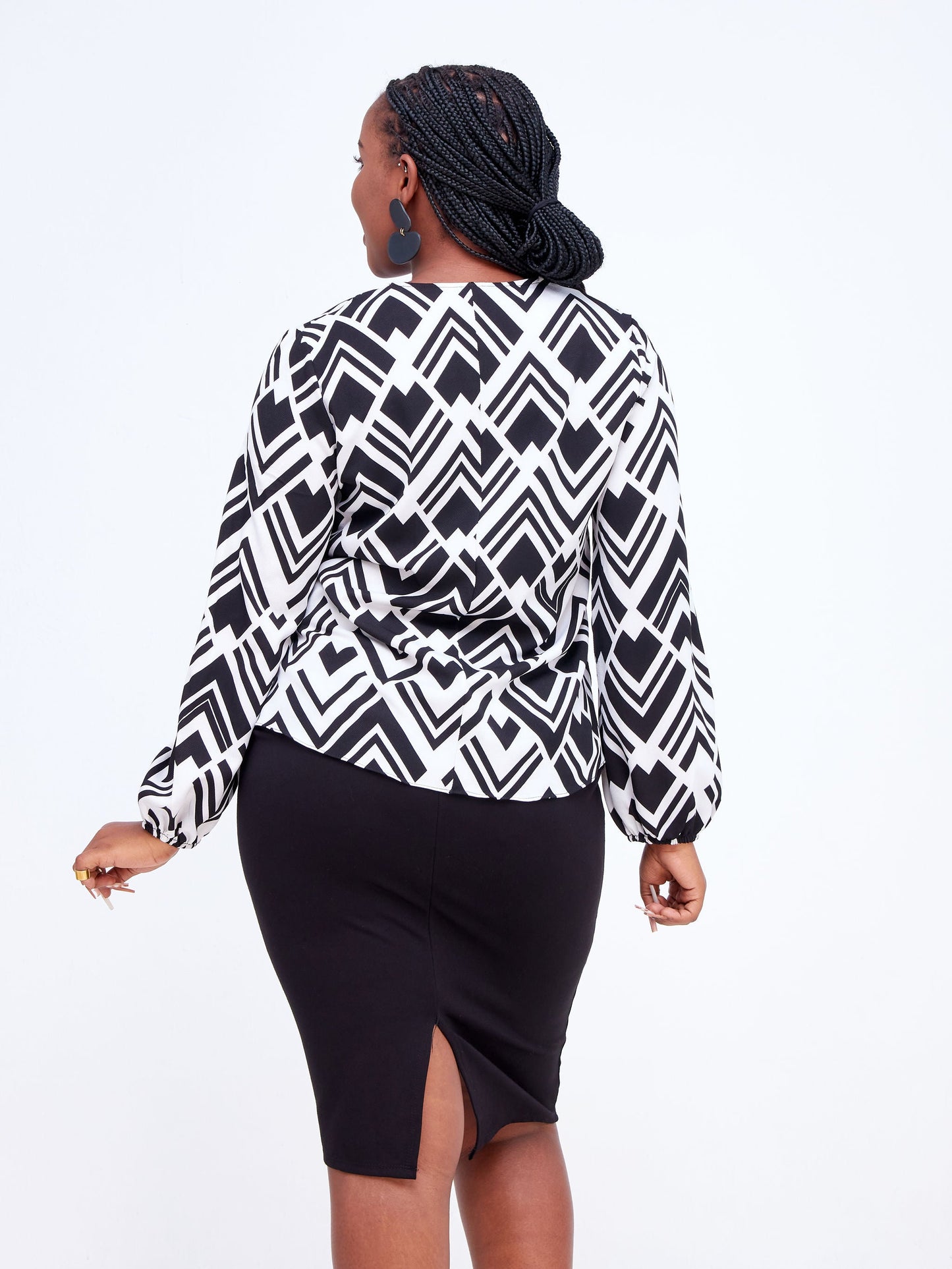 Vivo Imali V-Neck Tie Bishop Sleeve Top - White / Black Geometric Print