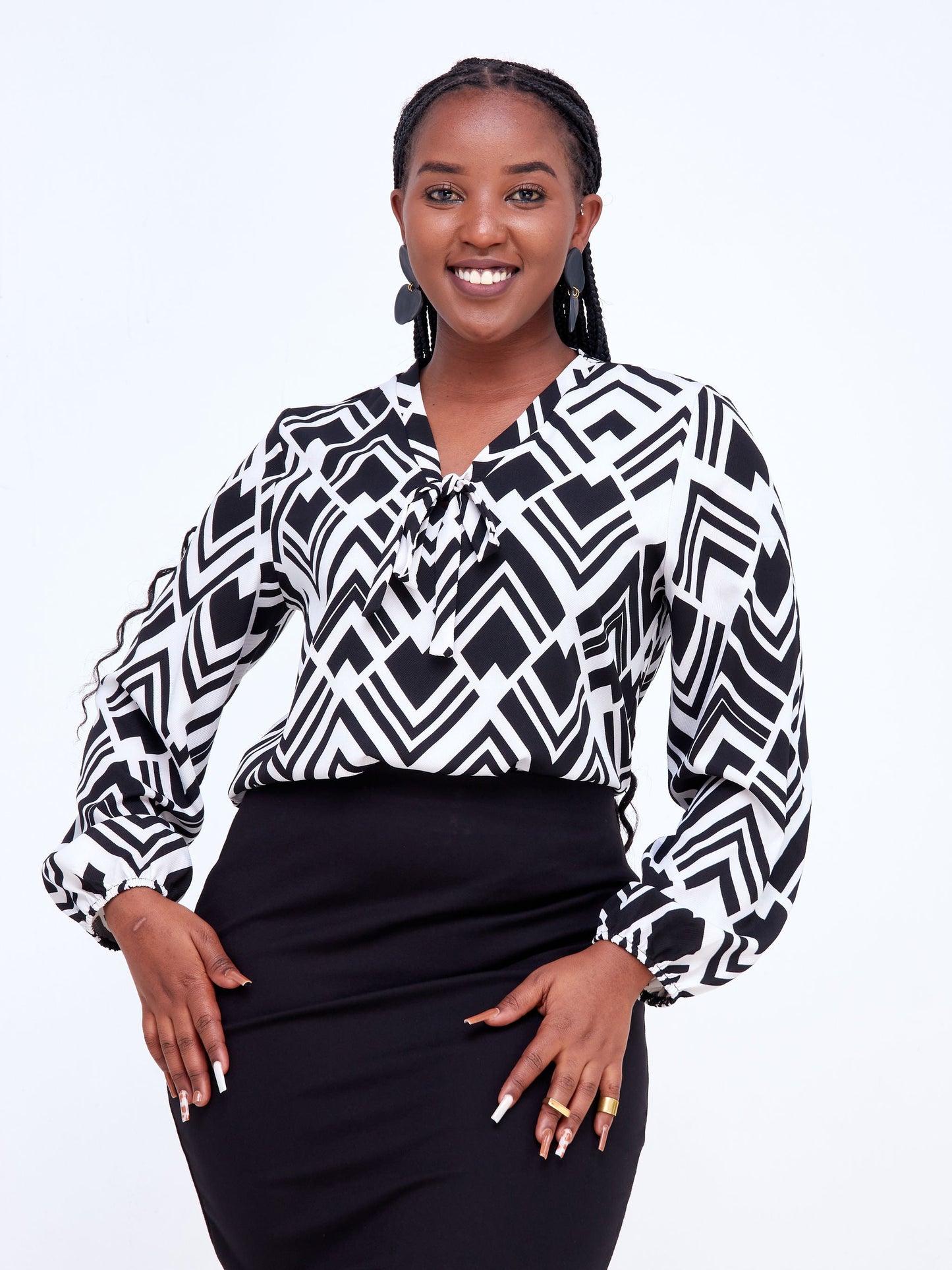 Vivo Imali V-Neck Tie Bishop Sleeve Top - White / Black Geometric Print