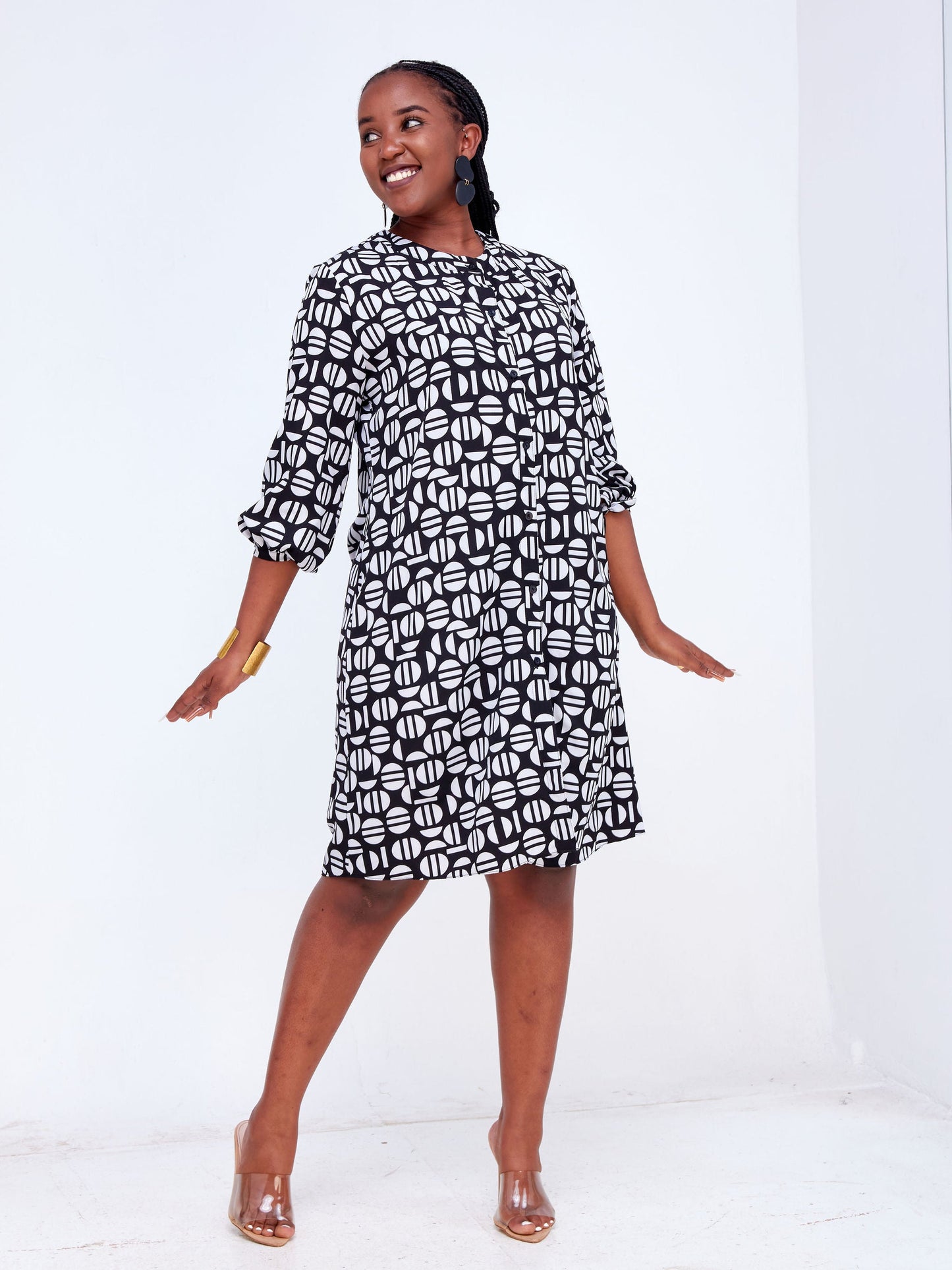 Vivo Imali Tie Sleeve Shirt Dress - Black / White Geometric Print