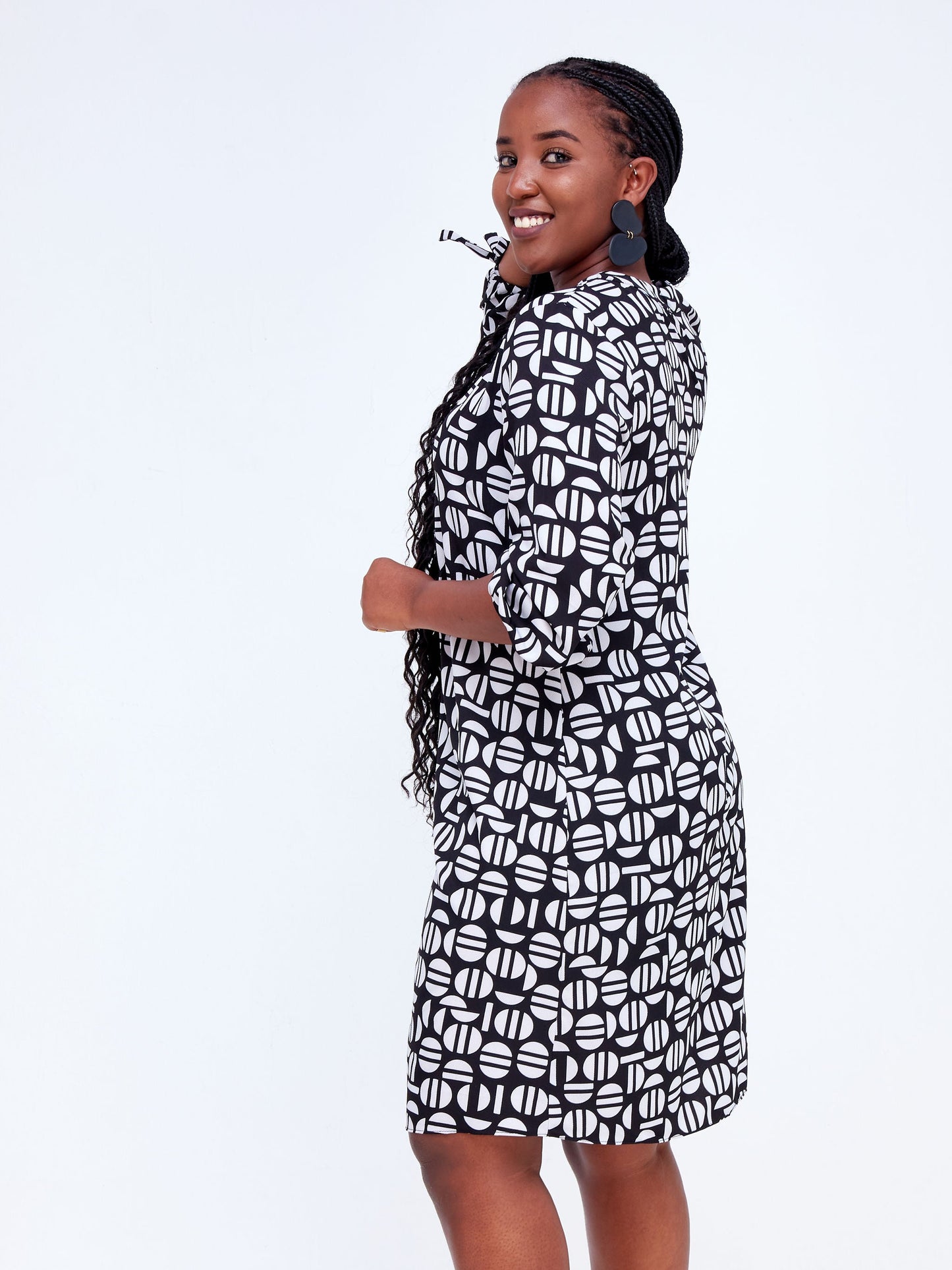 Vivo Imali Tie Sleeve Shirt Dress - Black / White Geometric Print