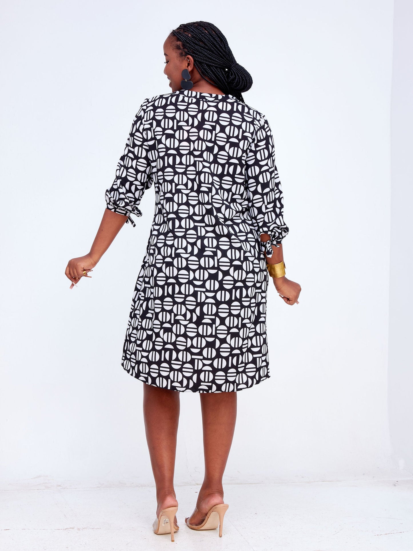 Vivo Imali Tie Sleeve Shirt Dress - Black / White Geometric Print