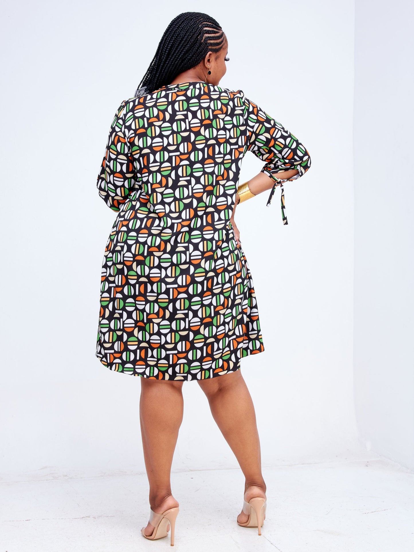 Vivo Imali Tie Sleeve Shirt Dress - Green / Brown Geometric Print