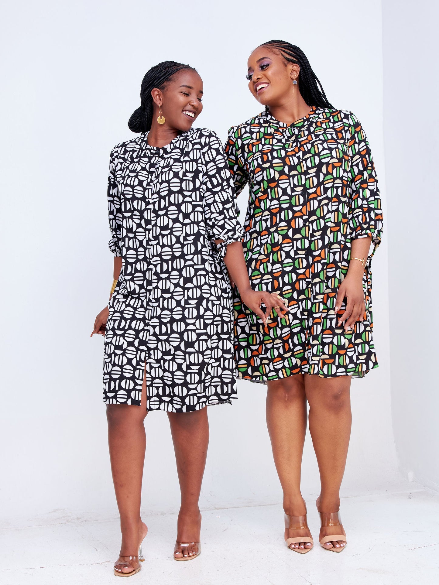 Vivo Imali Tie Sleeve Shirt Dress - Green / Brown Geometric Print