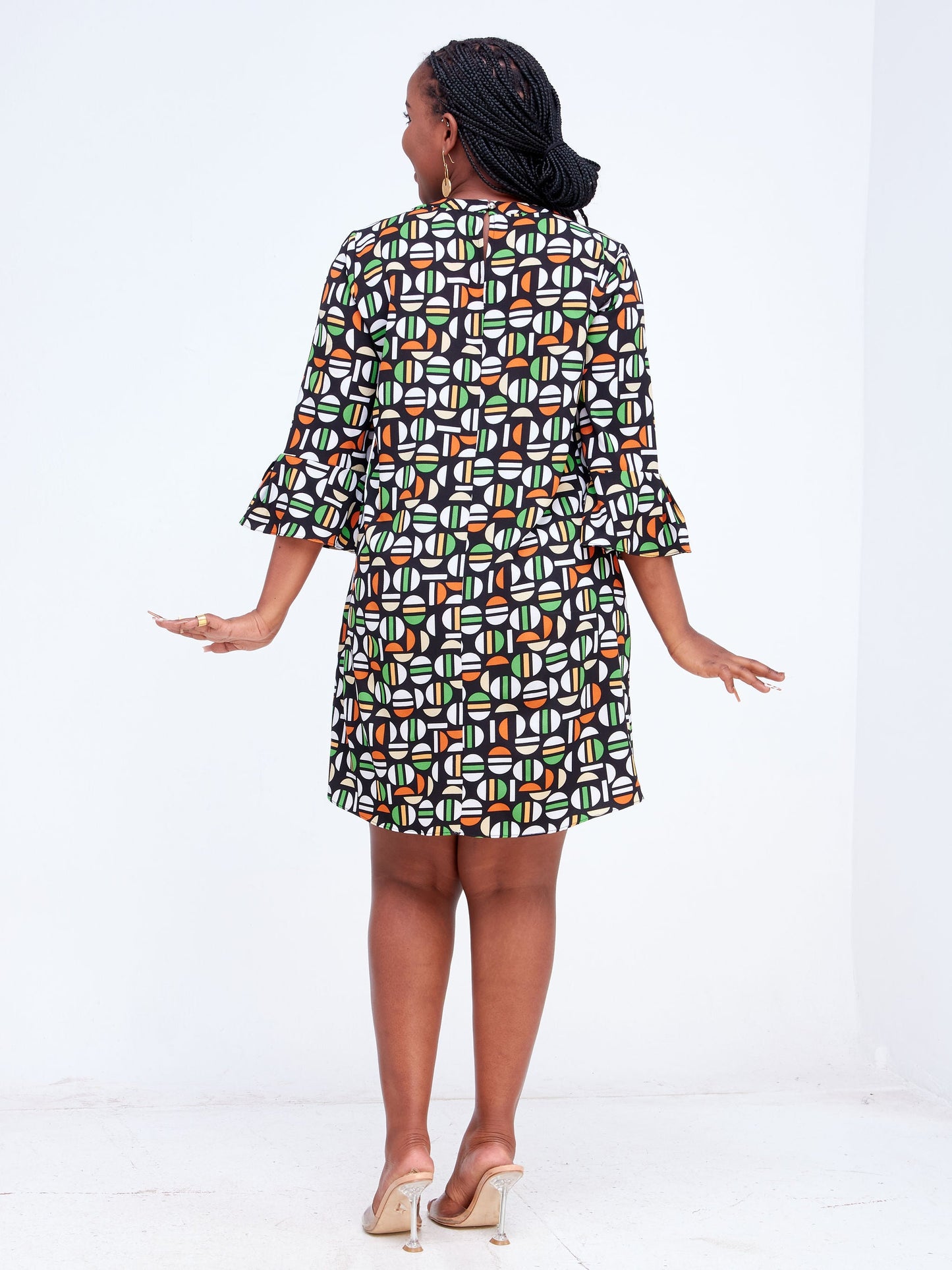 Vivo Imali Tie Sleeve Shirt Dress - Green / Brown Geometric Print