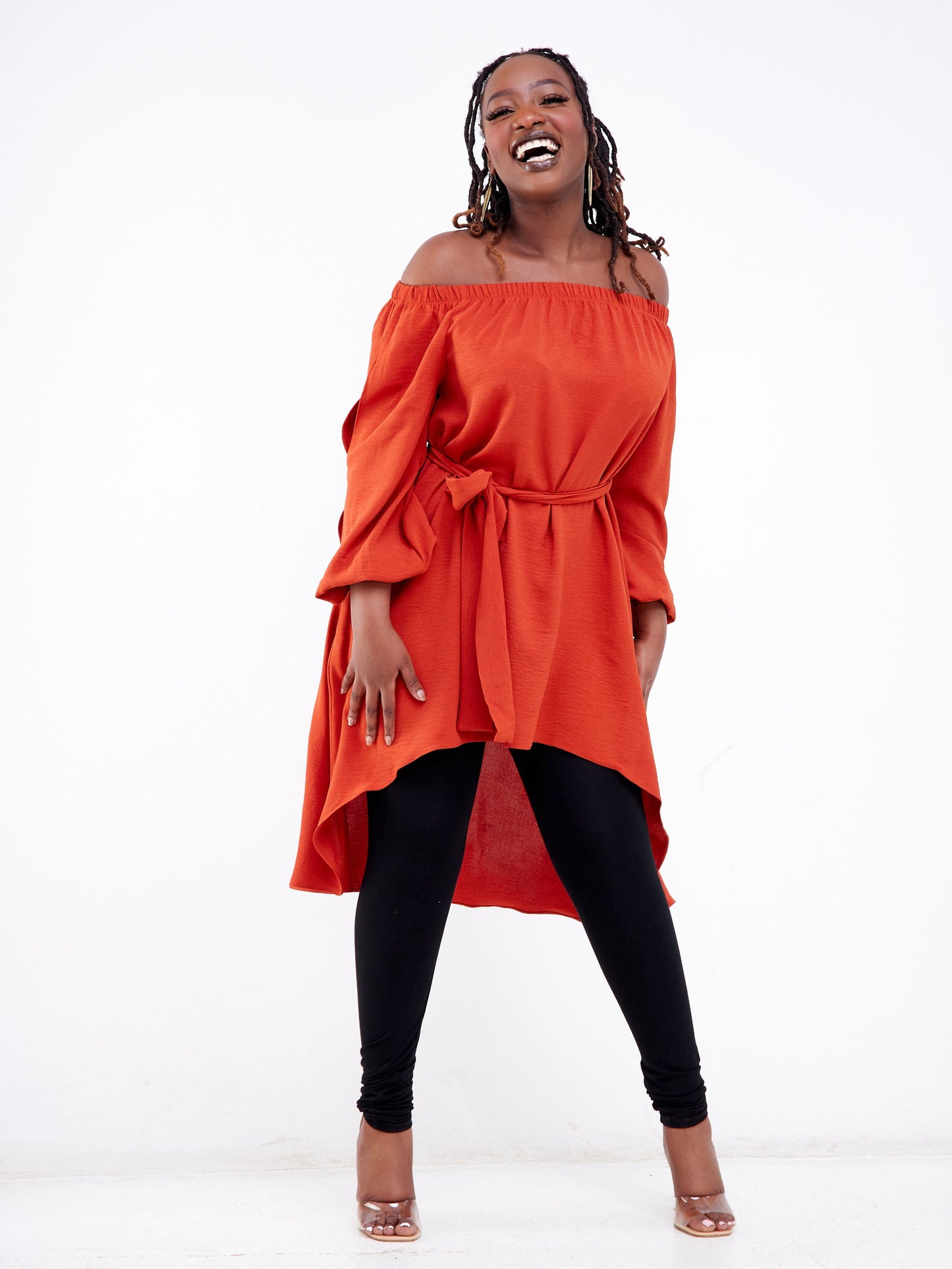 Vivo Dayo Off Shoulder Split Sleeve Hi-Low Top - Rust