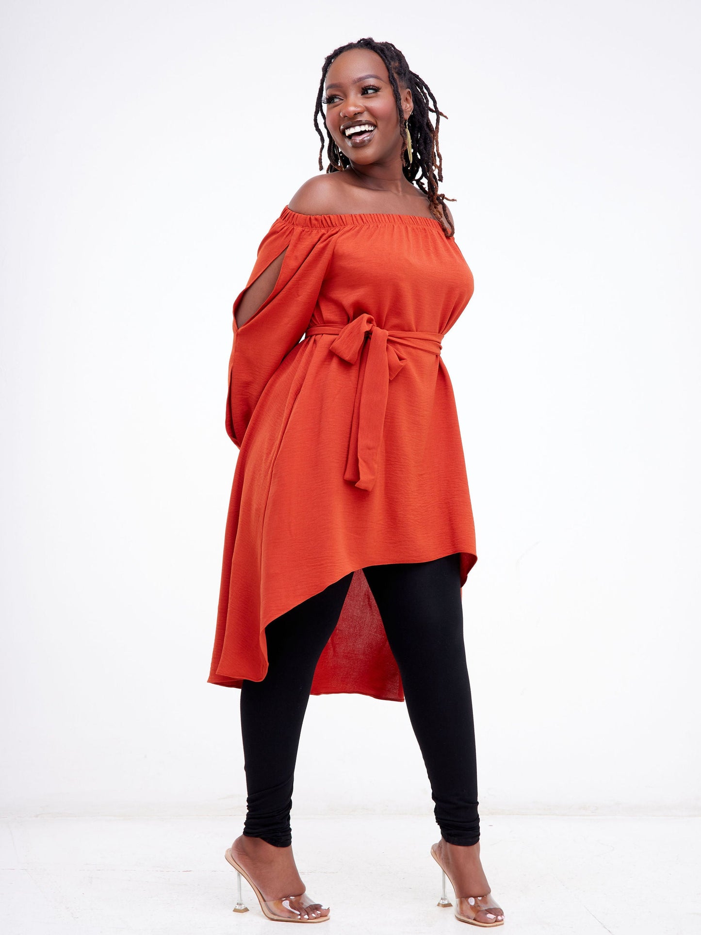 Vivo Dayo Off Shoulder Split Sleeve Hi-Low Top - Rust