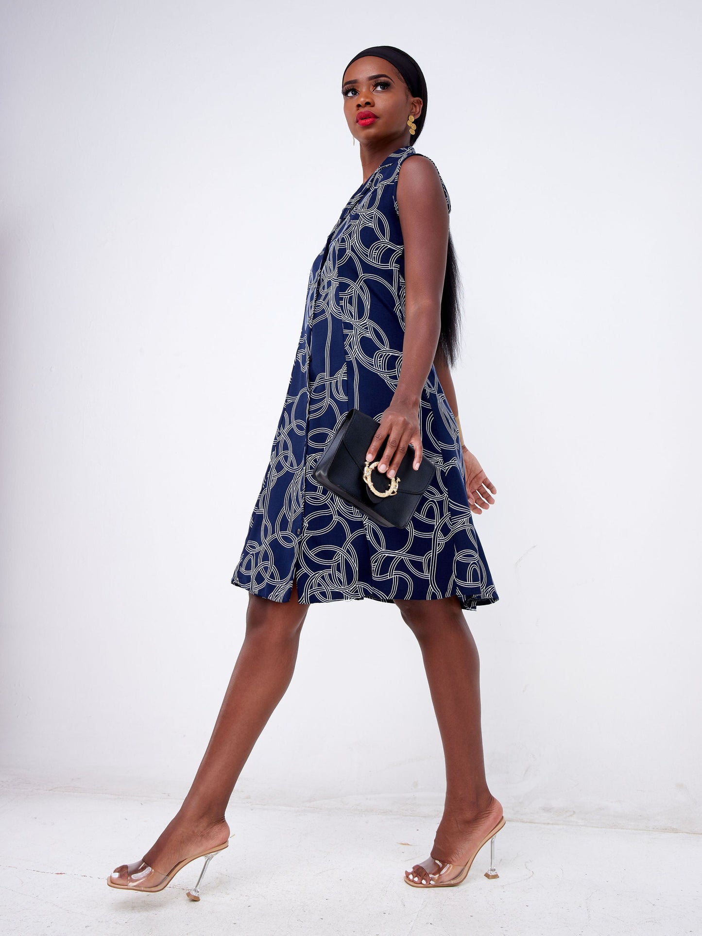 Vivo Pesi Lapel Collar A-Line Dress - Navy Blue / White Geometric Print
