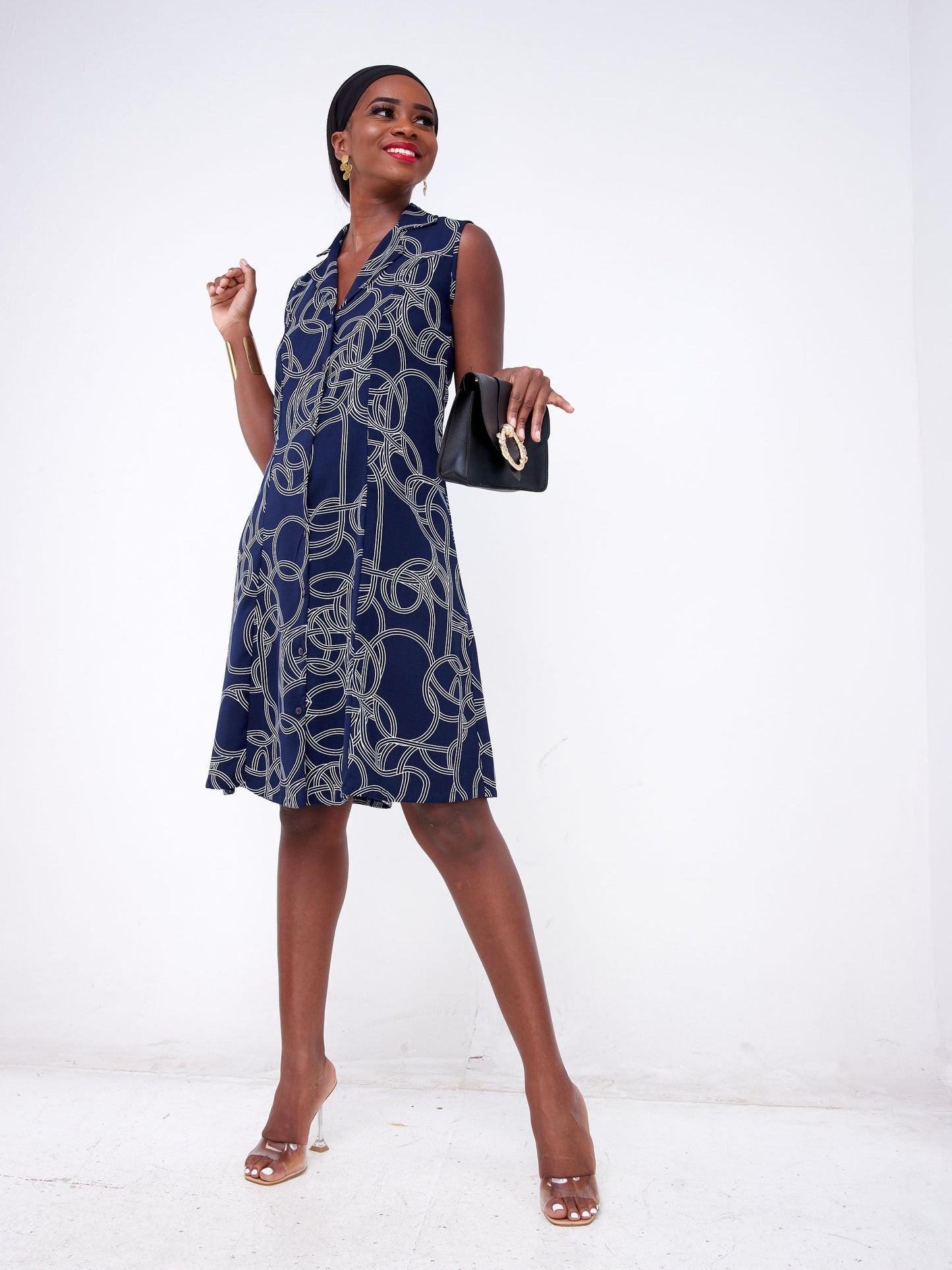 Vivo Pesi Lapel Collar A-Line Dress - Navy Blue / White Geometric Print