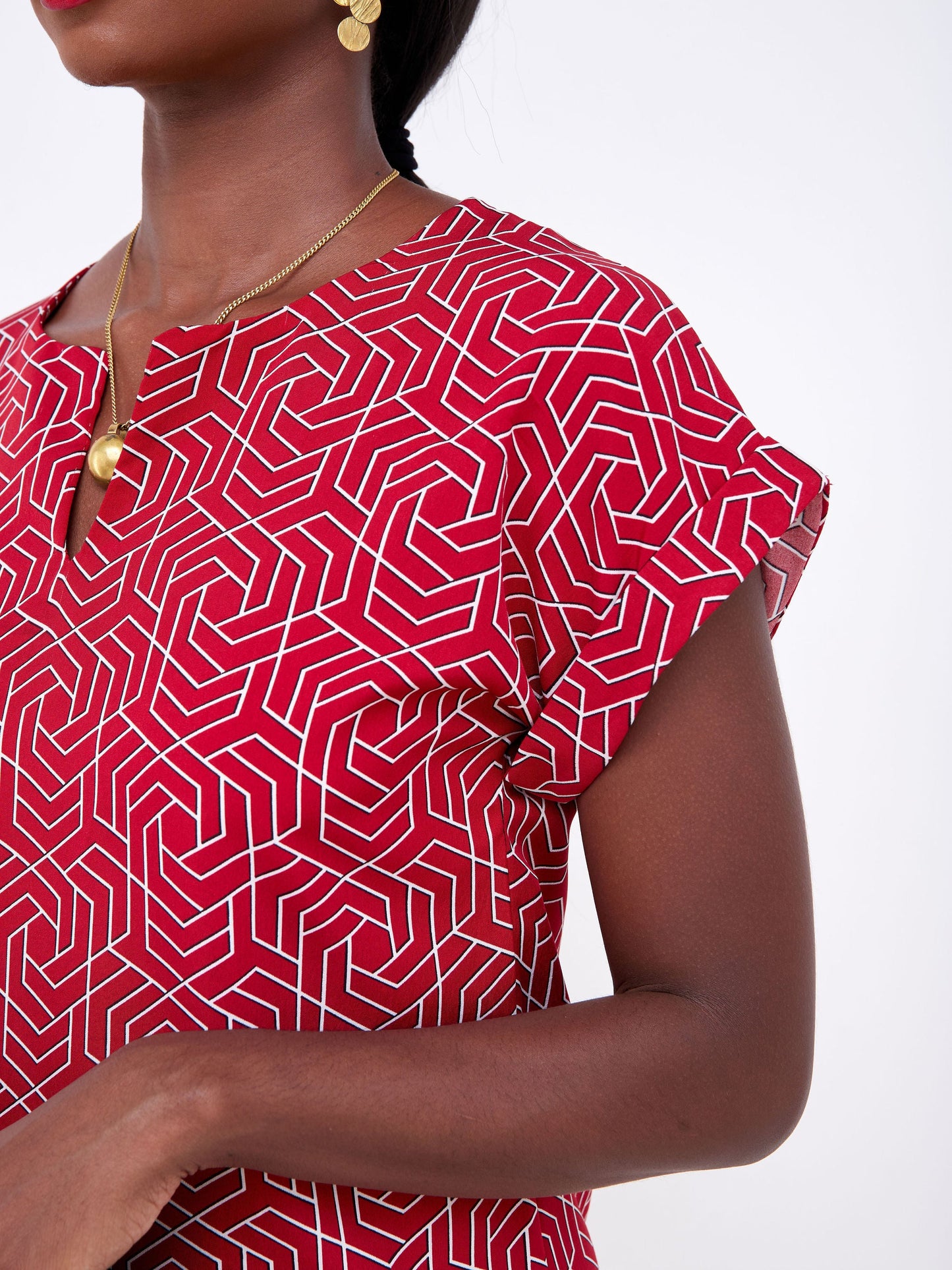 Vivo Pesi Drop Shoulder Shift Dress - Red / White Geometric Print