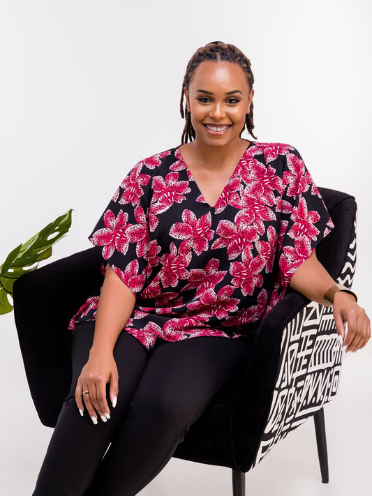 Vivo Zola Kaftan Top - Black / Burgundy Abstract Print