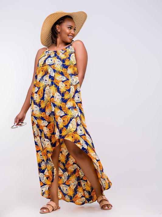 Vivo Zola Strappy High Low Maxi Dress - Navy Blue / Orange Abstract Print