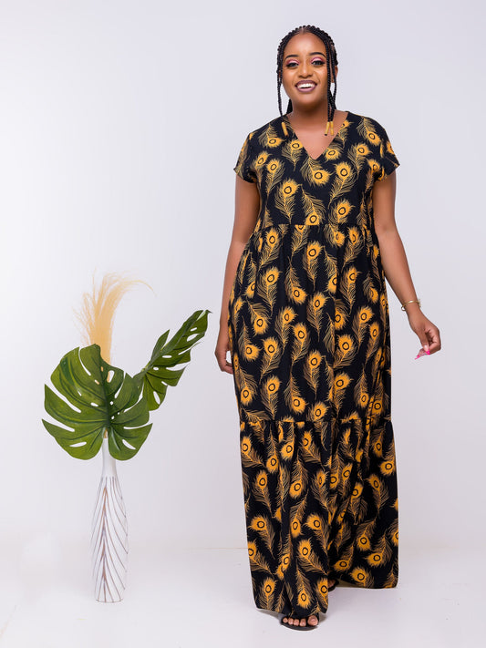 Vivo Zola Two Tiered Maxi Dress - Black / Mustard Animal Print